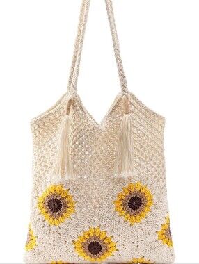 Cream Crochet Sunflower Tote Bag with Tassel Straps